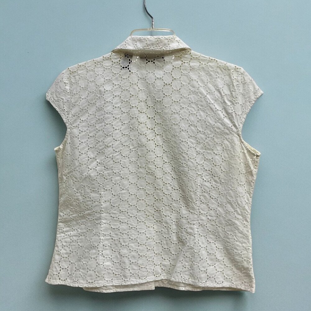 Kate Hill 14P Petite White Eyelet Lined Short Sleeve Button-Front Blouse - Picture 2 of 10